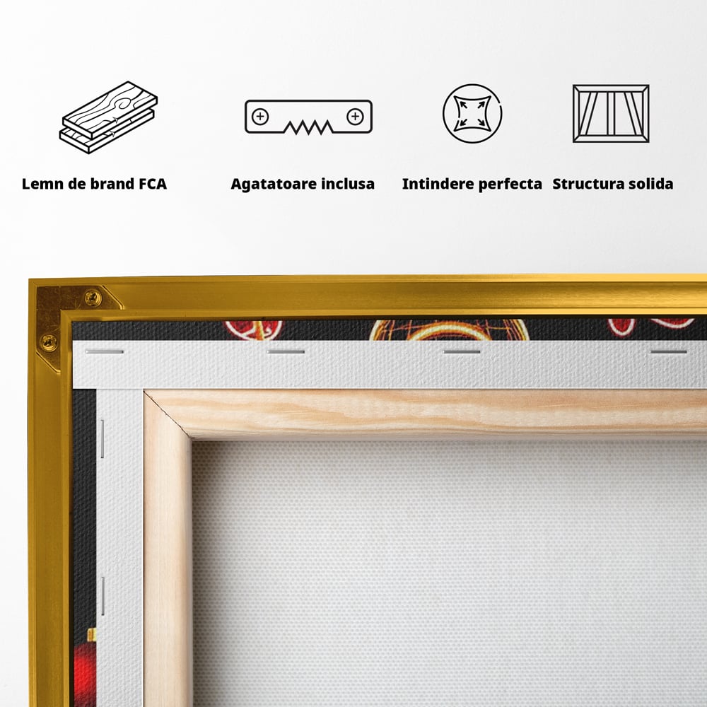 Spatele produsului, cu sasiu din lemn, capse metalice si agatatoare